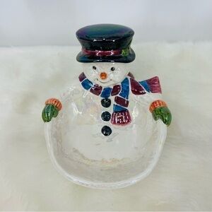 Iridescent Ceramic Snowman Candy Dish Holiday Winter Decor Pearlescent‎ Bowl